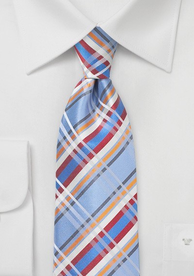 Plaid Silk Tie in Light Blue and Orange