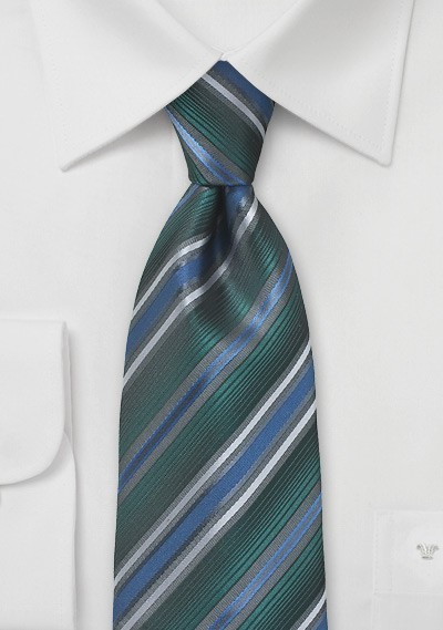 Hunter Green, Blue, and Silver Striped Tie