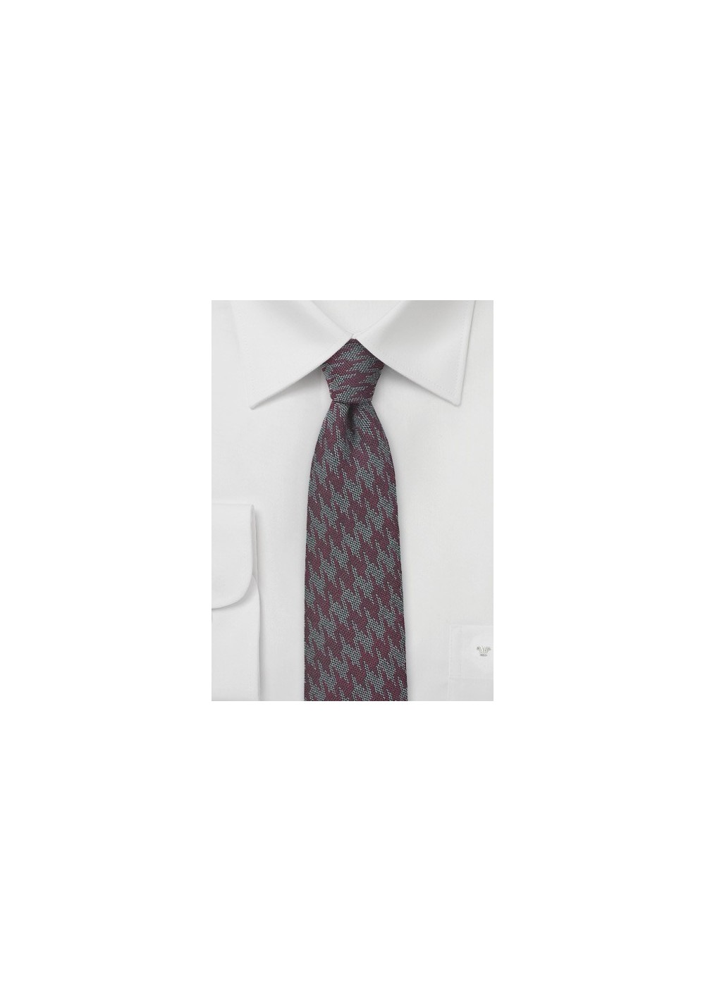 Wool Houndstooth Check Tie in Burgundy and Gray