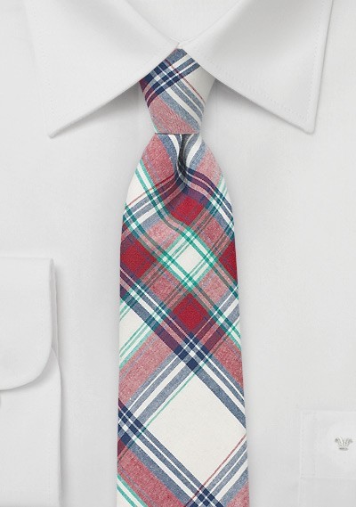 Summer Madras Tie in Red, Cream, Blue, and Green
