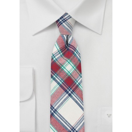 Cotton Madras Skinny Tie in Red and Cream | Cheap-Neckties.com
