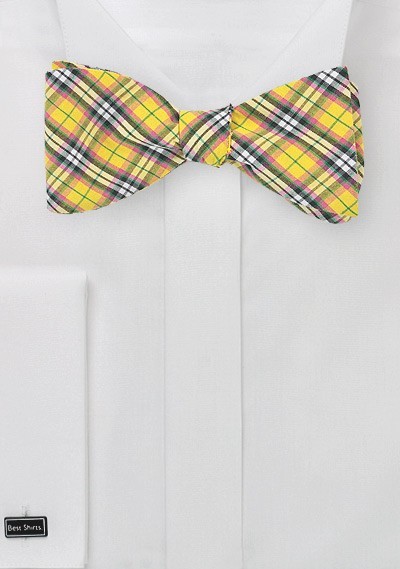 Yellow and Pink Plaid Bow Tie