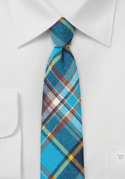 Skinny Flannel Plaid Tie in Turquoise