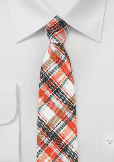 Orange, Tan, and Brown Linen Plaid Tie