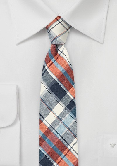 Cotton Madras Tie in Cream, Red, and Blue