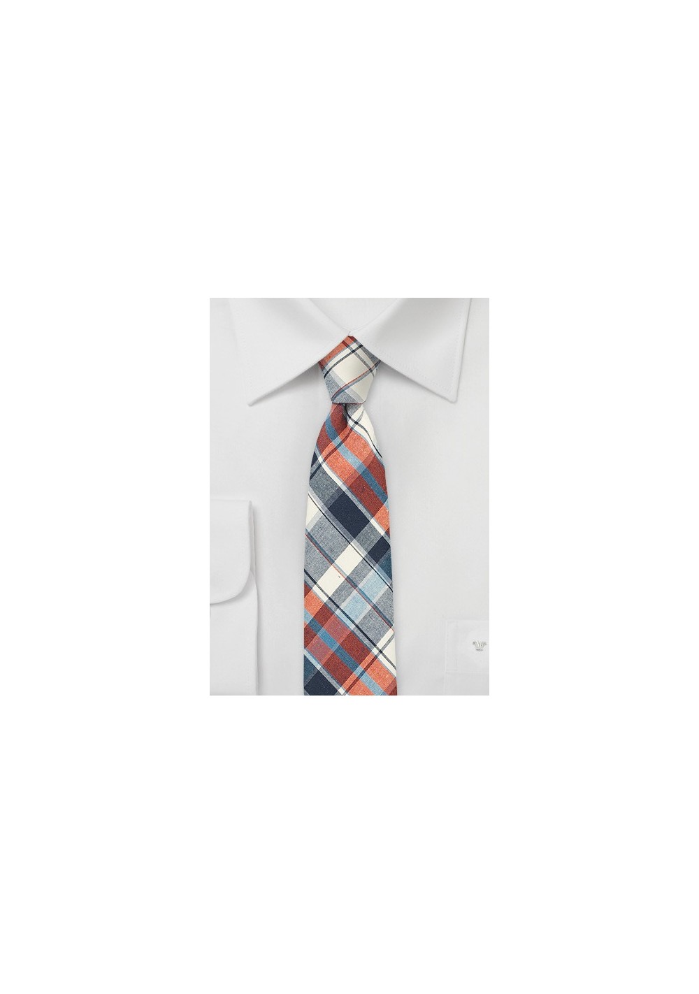 Cotton Madras Tie in Cream, Red, and Blue