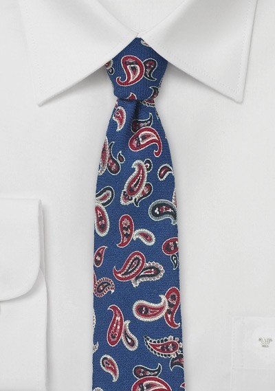 Royal Blue Wool Tie with Red Paisley Print