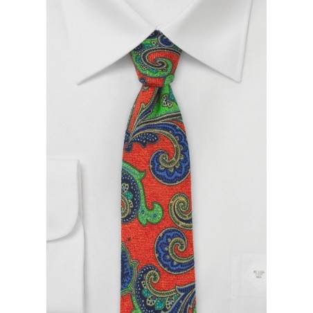 Bold Wool Paisley Tie in Orange, Lime, and Blue