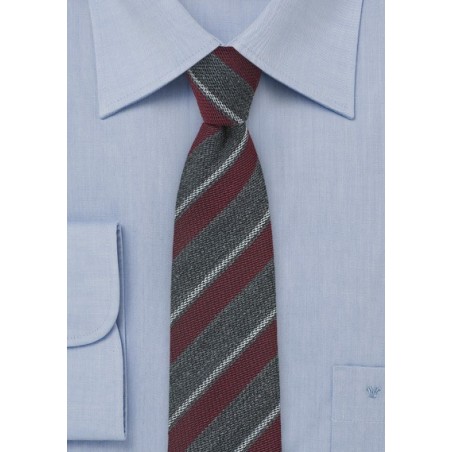 Repp Striped Wool Tie in Gray and Burgundy