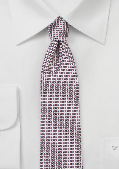 Geometric Print Silk Tie in Blue and Red