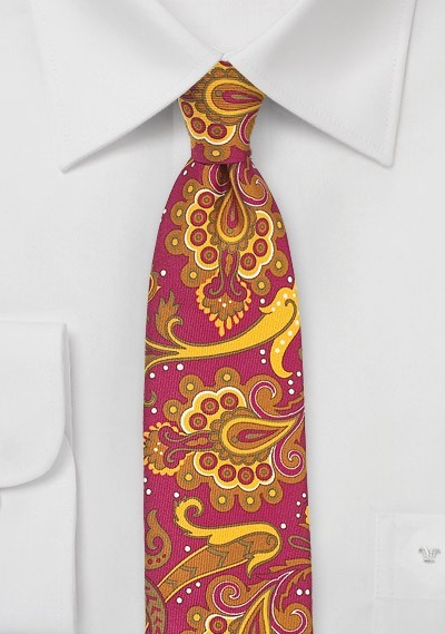Bold Skinny Paisley Tie in Pink and Gold