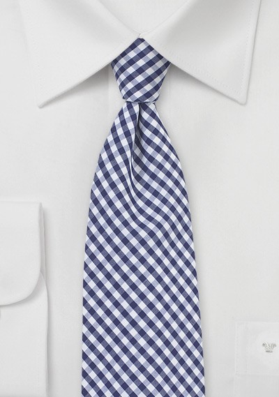 Cotton Micro Plaid Tie in Navy and White