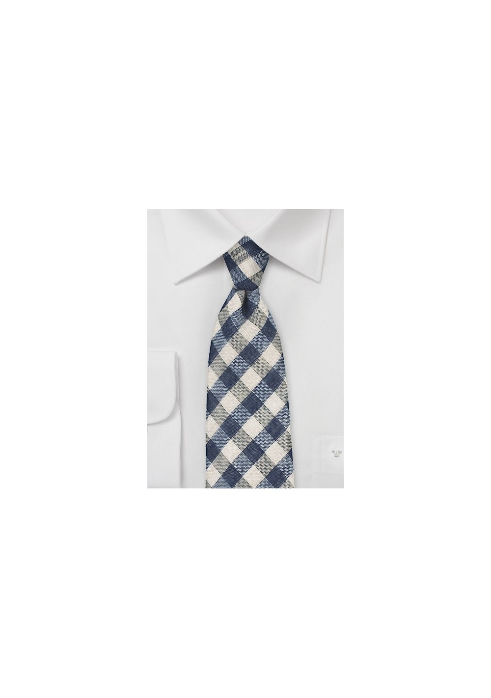 Blue and Beige Gingham Tie in Wool and Linen