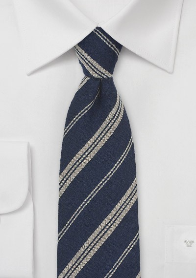 Dark Navy and Beige Striped Wool Tie