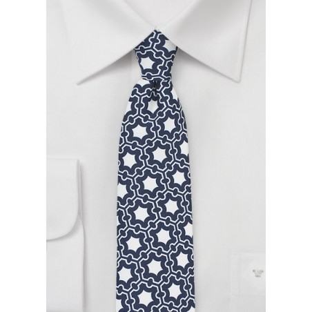Vintage Print Skinny Tie in Blue and White