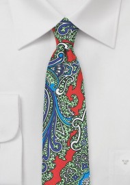 Colorful Skinny Paisley Silk Tie in Orange, Green, Blue