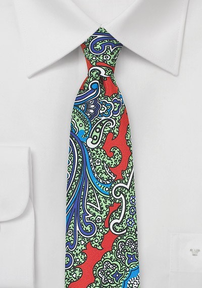 Colorful Skinny Paisley Silk Tie in Orange, Green, Blue