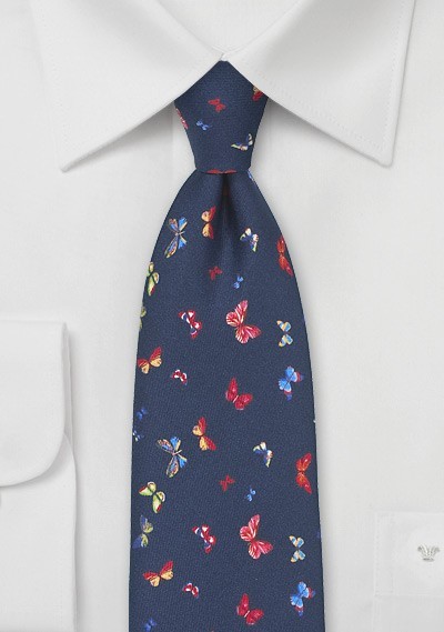 Navy Silk Tie with Colorful Butterfly Print