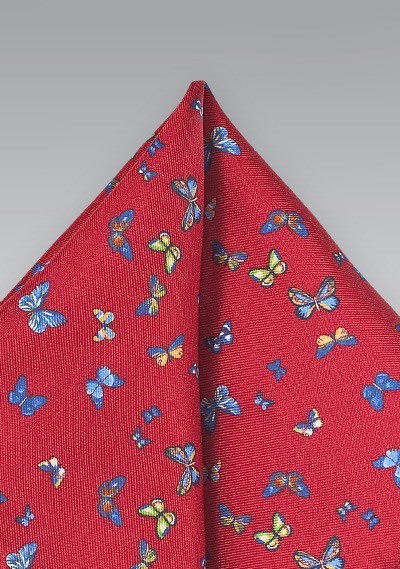 Red Silk Pocket Square with Butterflies