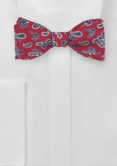 Cherry Red and Blue Wool Bow Tie