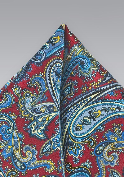 Elegant Paisley Print Pocket Square in Red, Blue, Yellow