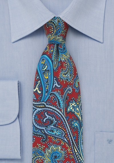 Intricate Paisley Silk Tie in Red, Blue, Yellow