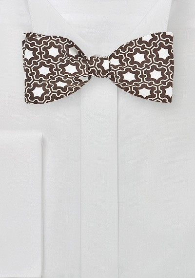 Modern Moroccan Print Bow Tie in Brown and White