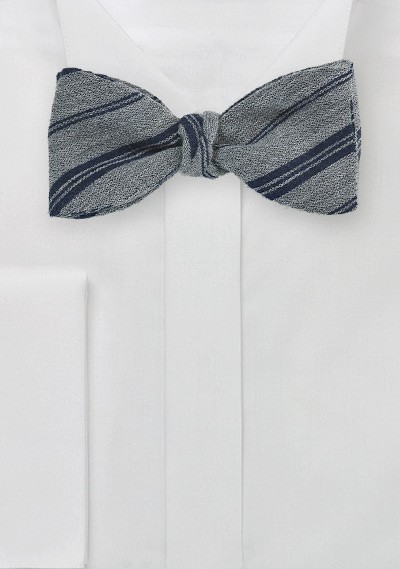 Wool Bow Tie in Gray with Navy Stripes