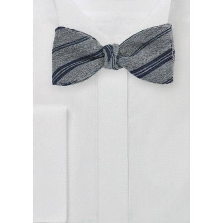 Wool Bow Tie in Gray with Navy Stripes