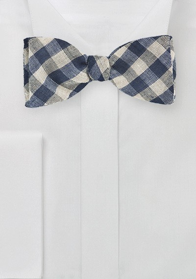 Gingham Check Bow Tie in Blue and Beige