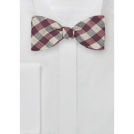 Gingham Wool Bow Tie in Wine Red and Tan