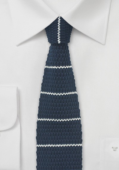 Men's Navy blue White Stripe Tie Knit Knitted Necktie Slim Narrow Skinny ZZLD051