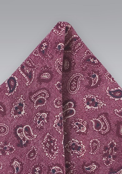 Wine Red Paisley Pocket Square in Wool