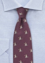 Maroon Red Wool Tie with Flying Ducks