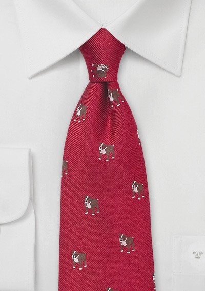 Silk Tie in Red with Woven Bulldogs