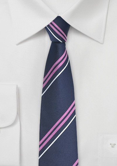 Trendy Blue Skinny Tie with Lavender and Silver STripes