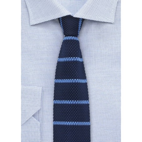 Striped Silk Knit Tie in Navy and Light Blue