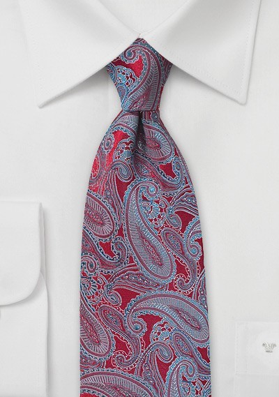 Red Necktie with Silver and Turquoise Paisleys