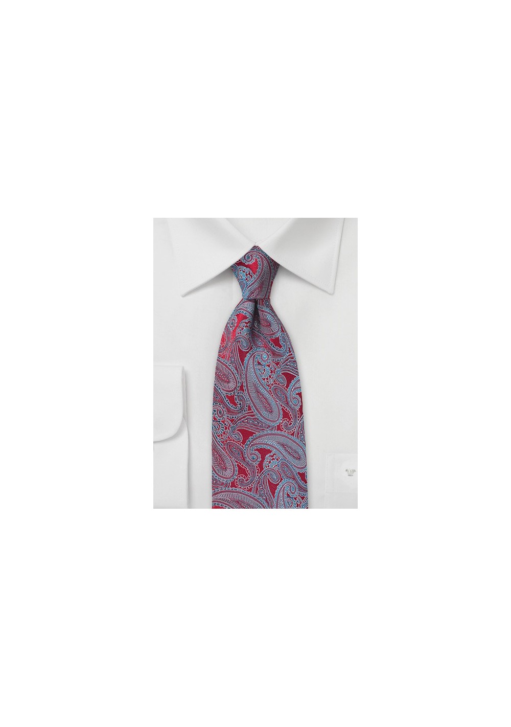 Red Necktie with Silver and Turquoise Paisleys