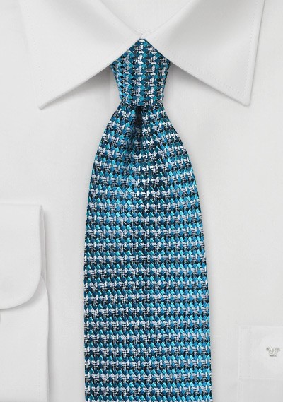 Retro Weave Silk Tie in Teal and Silver
