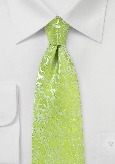 Lime Color Tie with Paisley Print in XL Length