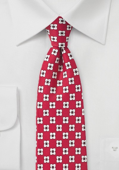 Bright Red and White Floral Silk Tie