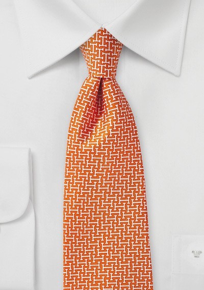 Geometric Print Silk Tie in Orange and Cream