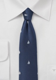 Navy Blue Skinny Tie with Sailboats