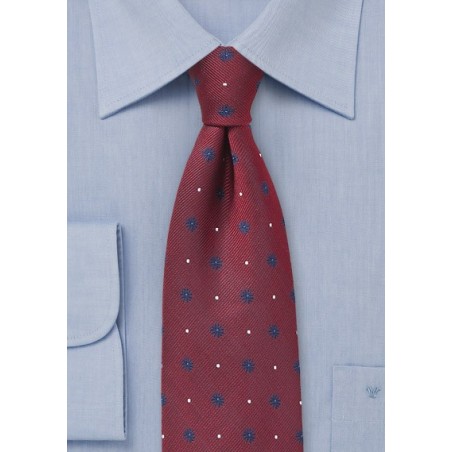 Cherry Red Silk Tie with Navy Florals