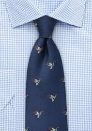 Silk Tie with Flying Ducks in Navy