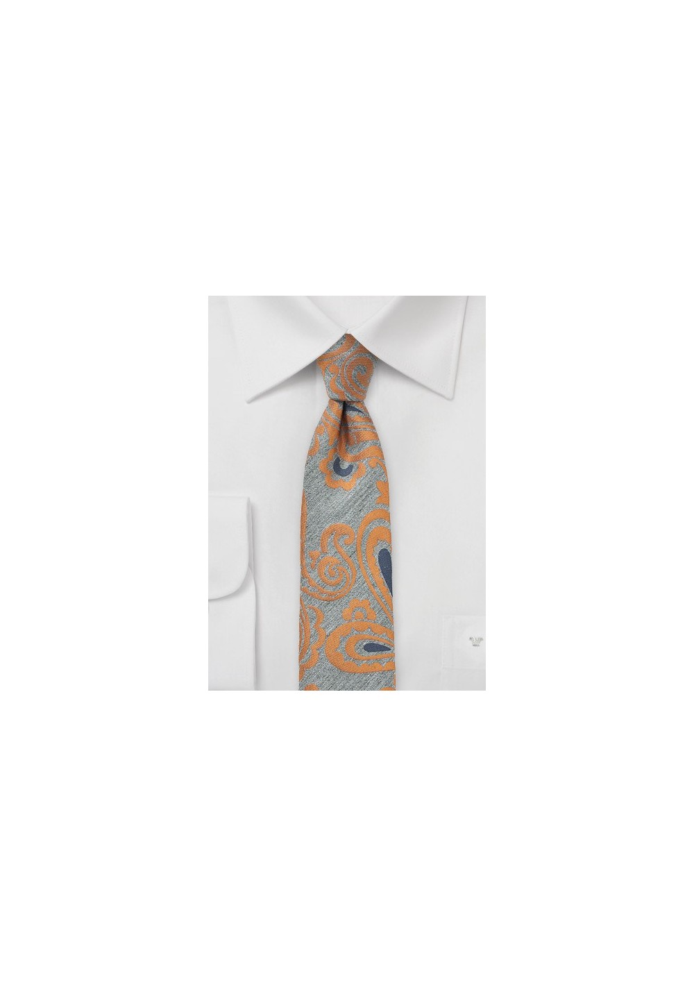 Gray and Orange Wool Skinny Paisley Tie