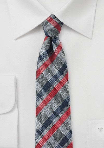 Faded Plaid Silk Tie in Gray and Red