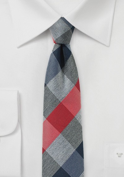 Red, Grey, and Navy Plaid Tie