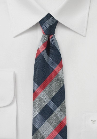 Modern Tartan Skinny Tie in Gray, Blue and Red